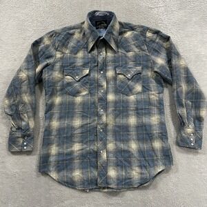 West Wool Pearl Snap Shirt Men M Plaid Blue Long Sleeve Western Vtg